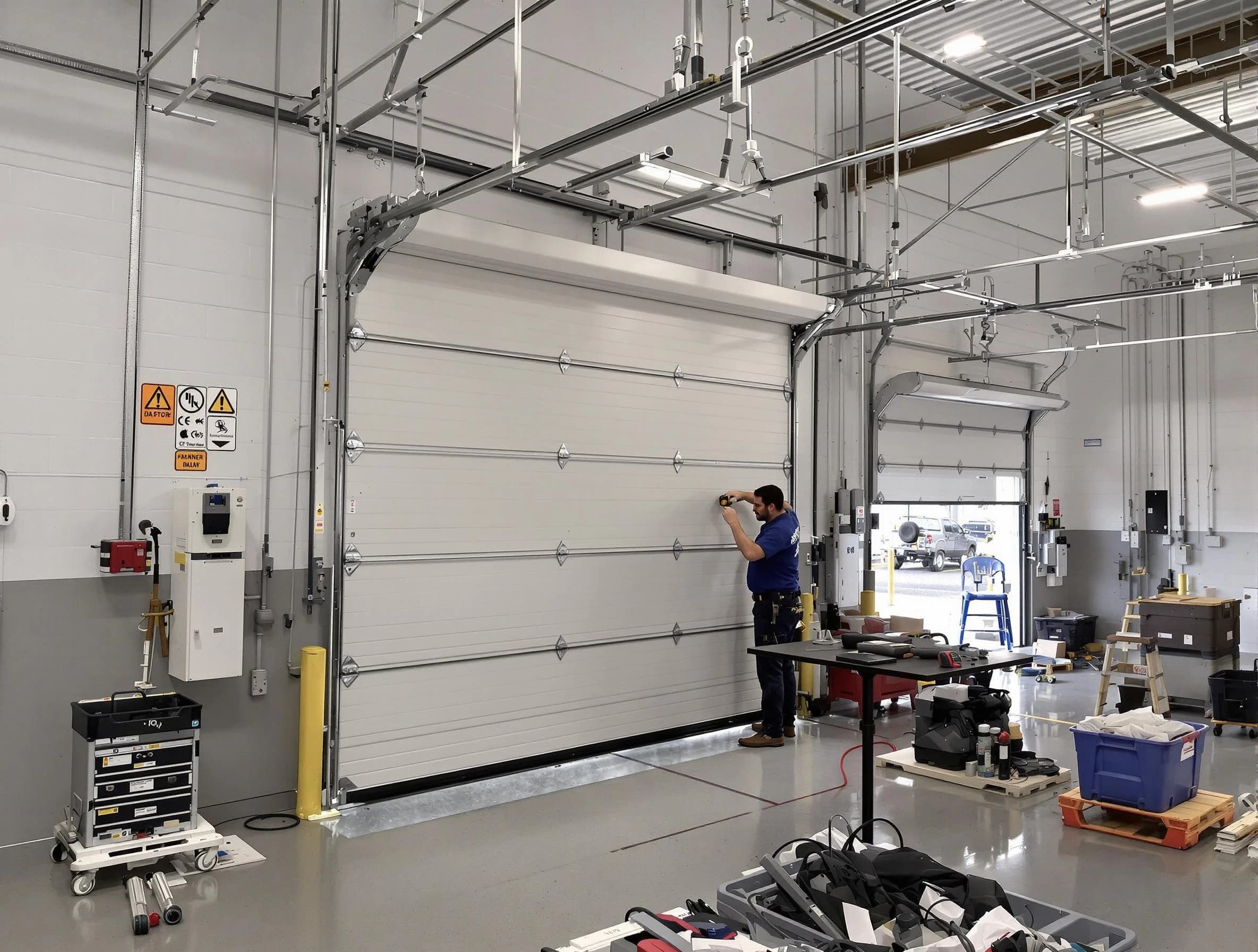 Commercial garage door repair being performed by McCandless Garage Door Repair expert in McCandless