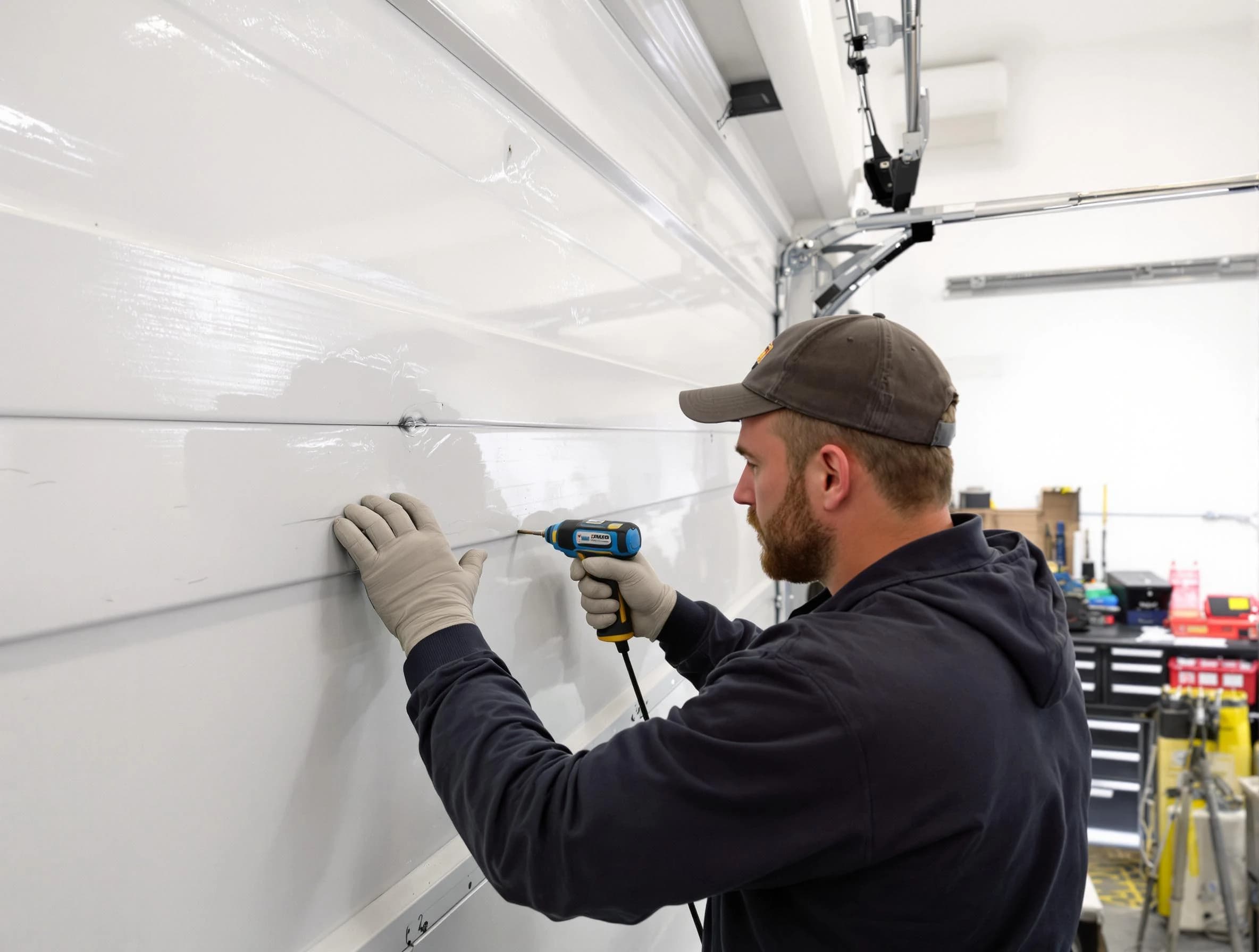McCandless Garage Door Repair technician demonstrating precision dent removal techniques on a McCandless garage door
