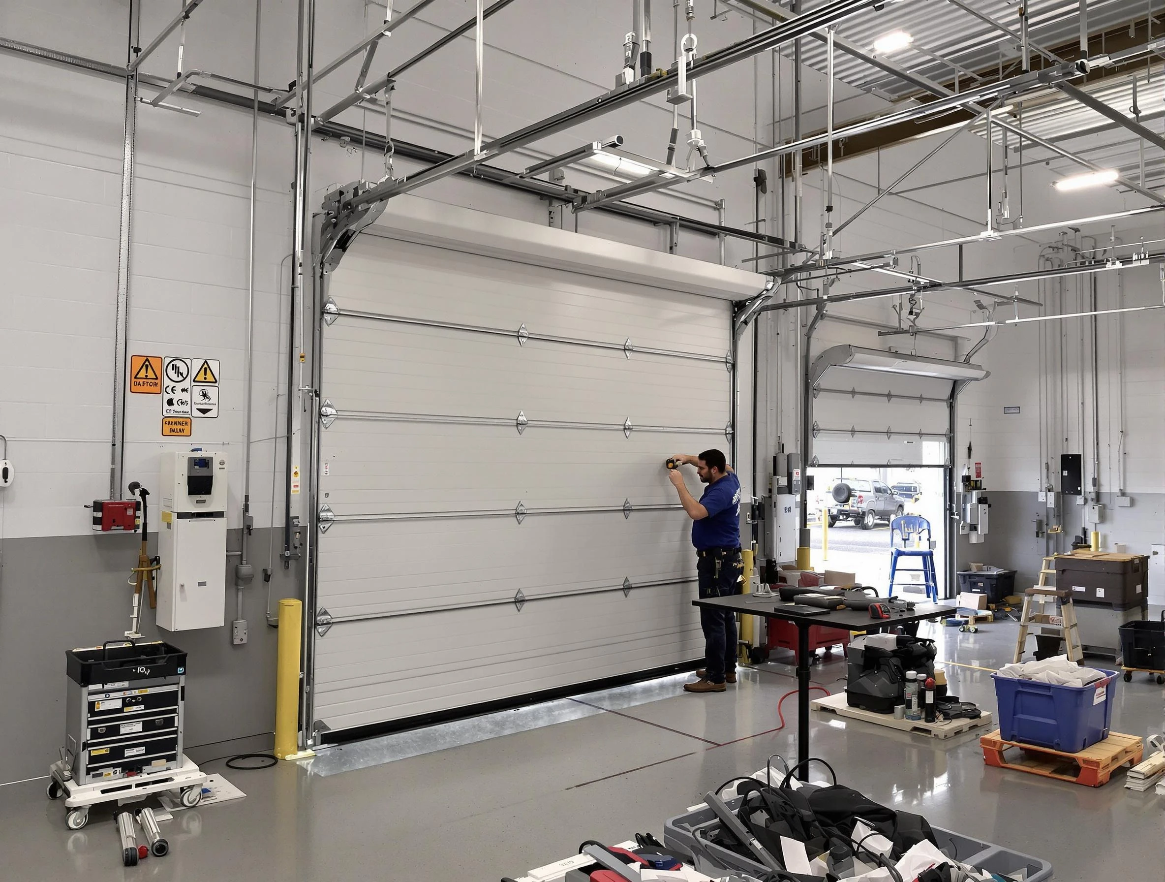 Commercial garage door repair being performed by McCandless Garage Door Repair expert in McCandless